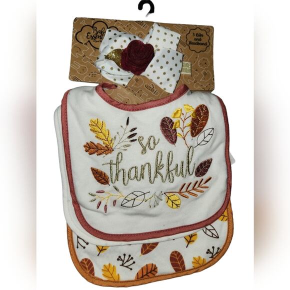 Baby‎ Essentials 3 Piece Bibs and Headband Set So Thankful Thanksgiving Autumn - Picture 1 of 8